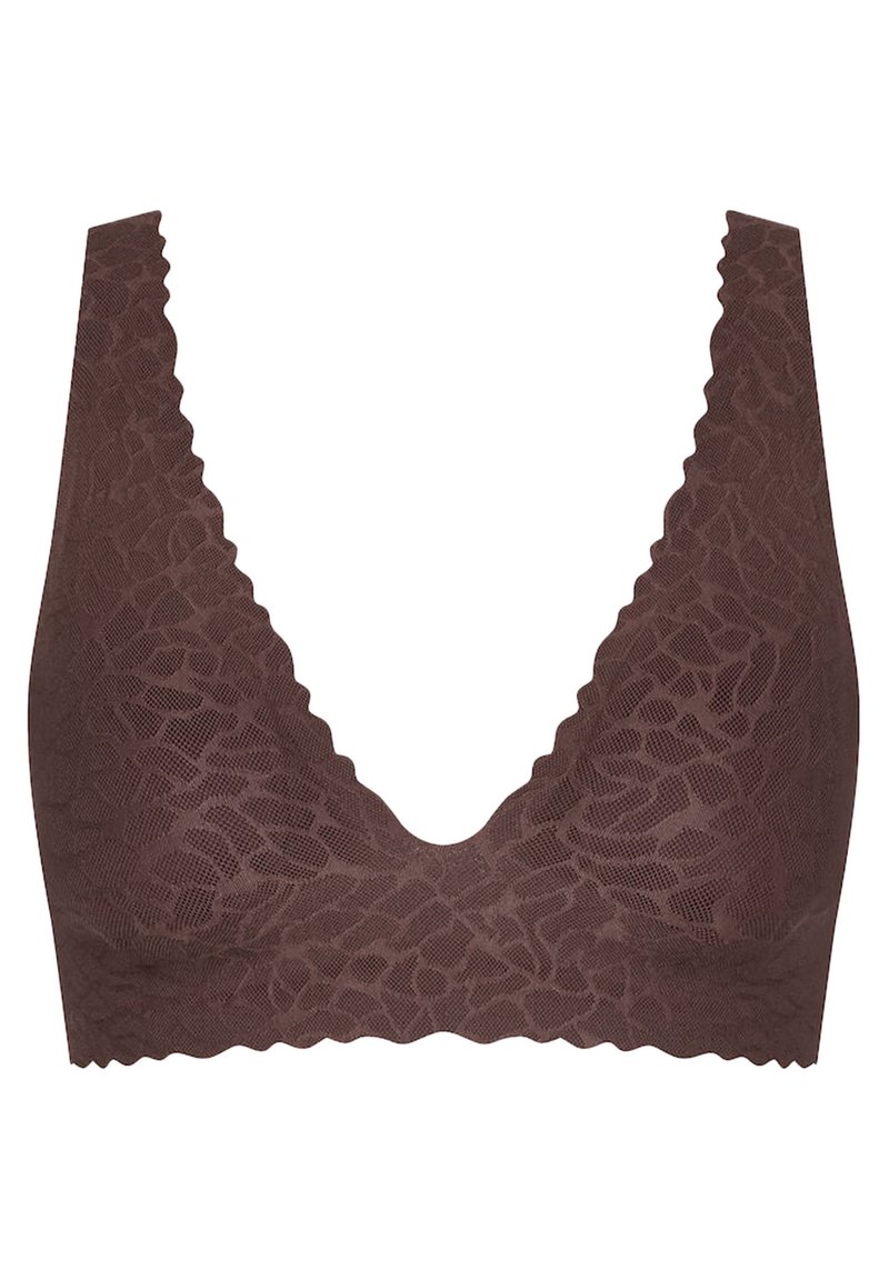 Brun spetsbralette med scalloperade kanter, djup V-ringning och ett strukturerat mönster som liknar blad eller abstrakta former. Ingen bygel.