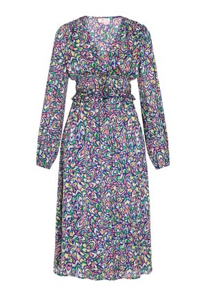 Abito a maniche lunghe con stampa floreale nei colori viola, verde, rosa e crema. Presenta una vita svasata e un tessuto leggero e fluente.