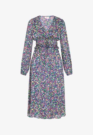 Hosszúujjú, virágmintás ruha lila, zöld, rózsaszín és krémszín árnyalataiban. Feszes derekú és könnyed, árnyékos anyagú.