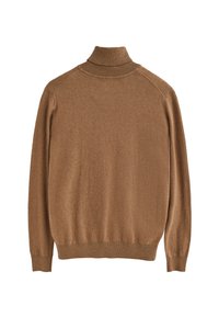 Brun polotröja, mjukt material, ribbade kragar och fåll, sänkta axlar, minimalistisk design, tyget verkar lätt och slätt.