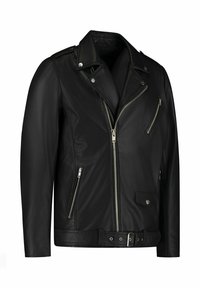 Giacca da motociclista in pelle nera con colletto, chiusura a zip asimmetrica, tasche con zip e vita con cinturino. Texture liscia con accessori lucidi.