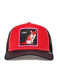 Gorra trucker roja y negra con un gráfico de un zorro bordado a color y la palabra "FOXY" arriba. Parte trasera de malla con costuras en contraste.