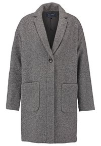 Šedý vlněný kabát s klopovým límcem, jedním zapínáním na knoflík a dvěma předními kapsami. Jednoduchý design s texturovaným povrchem.