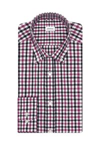 Camicia a quadri nei colori viola, nero e bianco. Presenta un colletto classico, chiusura con bottoni e polsini singoli con dettaglio a bottone.