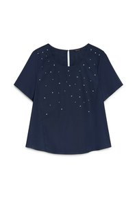 Top blu navy a maniche corte con scollatura rotonda e chiusura a chiave sul retro, caratterizzato da perline decorative sparse sulla parte frontale.