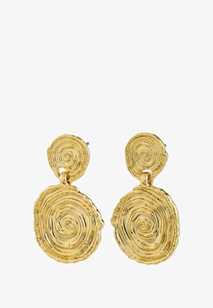 Boucles d'oreilles pendantes en spirale dorée avec surfaces texturées, présentant un motif tourbillonnant en deux tailles. La pièce plus grande pend sous une petite pastille circulaire.