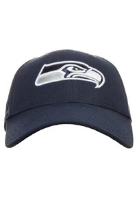 Gorra de béisbol azul marino hecha de algodón con visera curvada. Presenta un logo bordado de los Seahawks en gris y verde en la parte frontal.