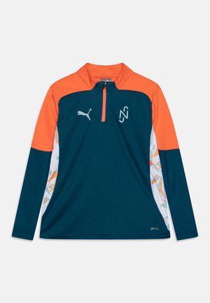 Pull-over athletic shirt featuring a half-zip, teal body, orange shoulders, and patterned side panels. Constructed from breathable fabric.