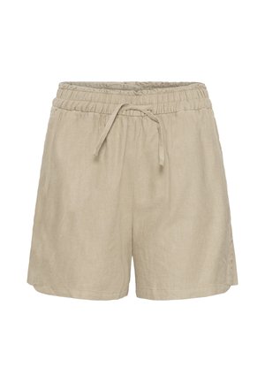 Bež casual šortsevi s elastičnim pojasom i prednjim vezicama, izrađeni od laganog materijala.