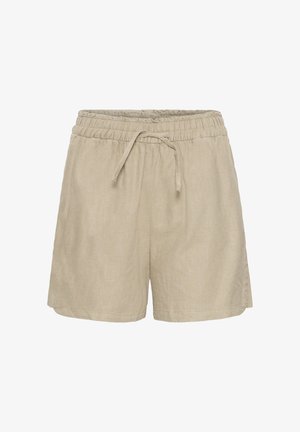 Bež casual šortsevi s elastičnim pojasom i prednjim vezicama, izrađeni od laganog materijala.