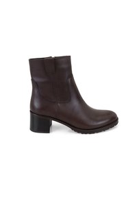 Bottine en cuir marron avec un talon carré, texture lisse, fermeture éclair sur le côté et design minimaliste. Semelle en caoutchouc durable pour une bonne adhérence.