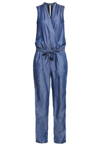Combinaison sans manches en lin bleu avec col en V, devant croisé, ceinture nouée à la taille et pantalon à jambes droites.
