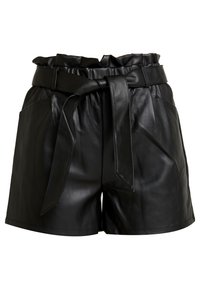 Svarta lädershorts med en bred, volangdetalj vid midjan, knytbälte och två sidofickor. Slät textur och skräddarsydd passform.