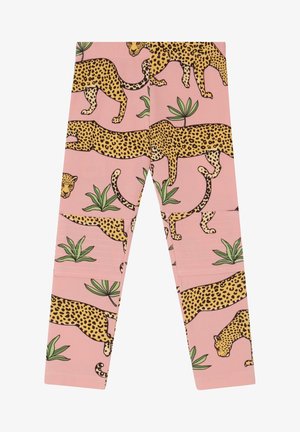 Leggings rosa con un design a stampa leopardata e accenti di piante verdi. Realizzati in tessuto morbido, con una forma aderente e materiale elastico.