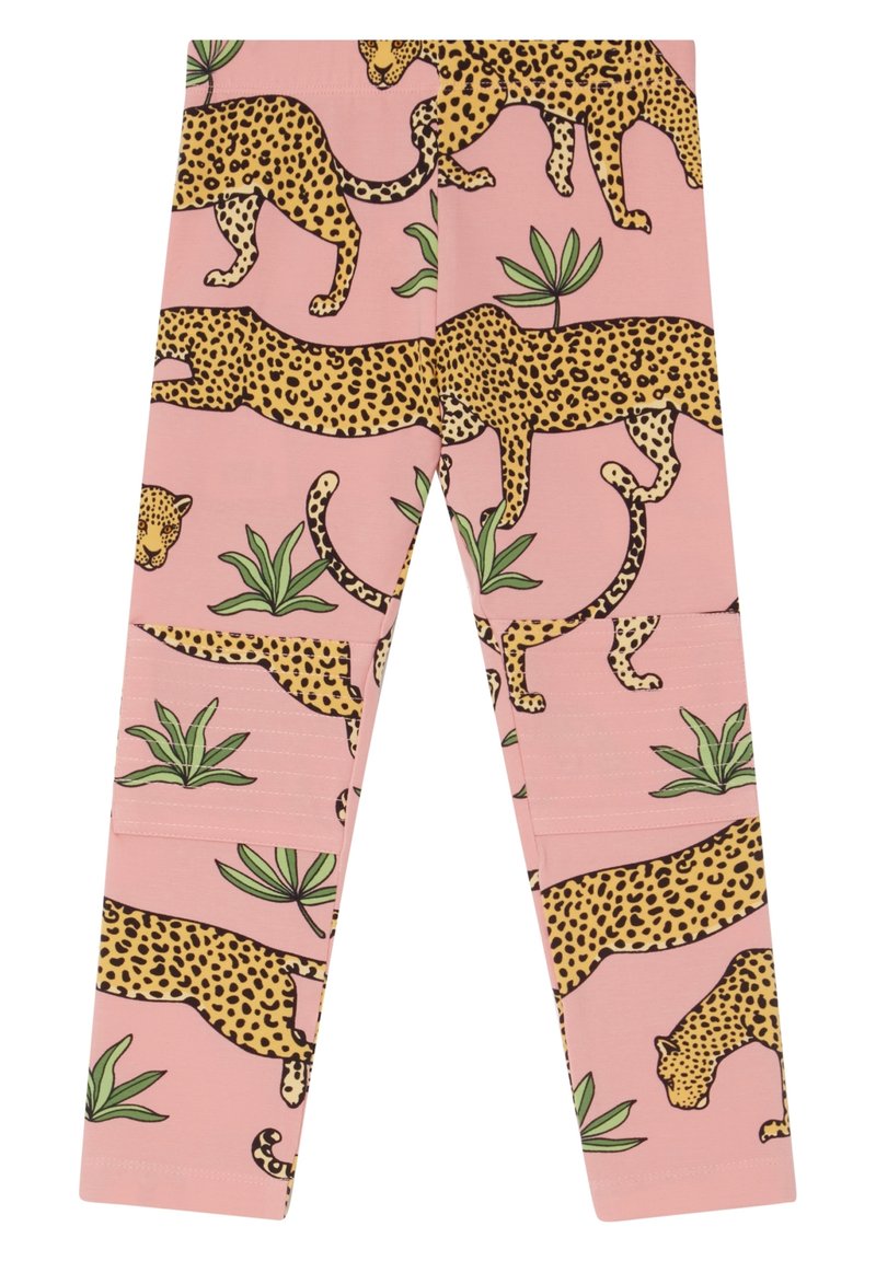 Rosa leggings med ett leopardmönster som har gröna växtinslag. Tillverkade av mjukt tyg med en åtsittande passform och stretchmaterial.