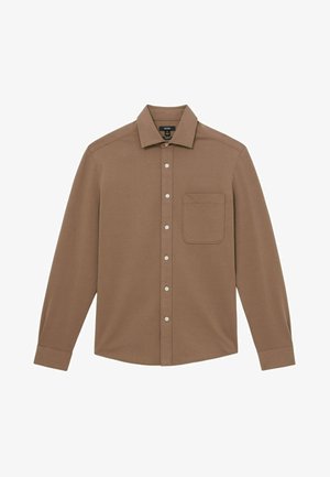 Brun langærmet skjorte med klassisk krave, forlommesæk, knaplukning og blødt stof. Skræddersyet pasform med lige søm.