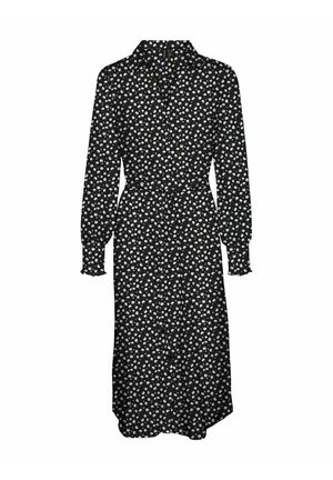 Schwarzes Midikleid mit langen Ärmeln, kleinem weißem Blumenmuster, Knopfleiste vorne, Kragen und einem gebundenen Taillengürtel.