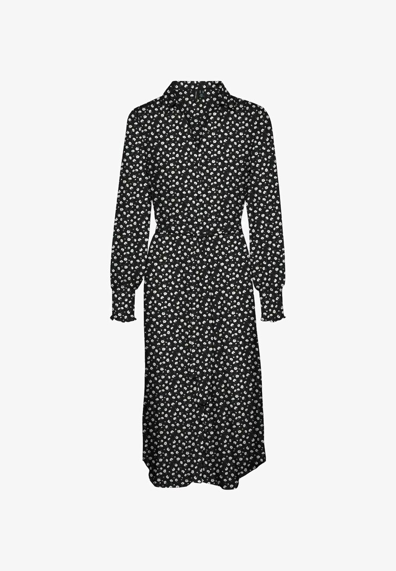 Robe midi noire à manches longues avec imprimé floral blanc petit, patte de boutonnage devant, col chemise, et ceinture nouée à la taille.