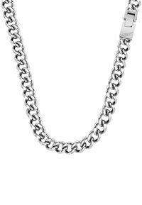 Collana in metallo argentato caratterizzata da anelli tondi, una finitura lucida e una chiusura rettangolare per un fissaggio sicuro.