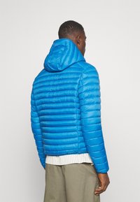 Giacca a vento blu con cappuccio, caratterizzata da un design trapuntato e da una texture lucida. La giacca ha una vestibilità comoda ed è abbinata a una camicia a righe sotto.