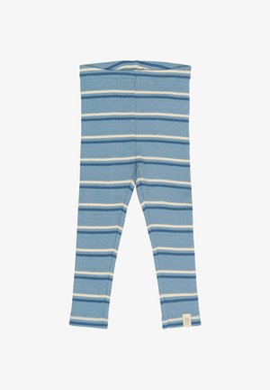 Leggings a rayas en azul claro con rayas horizontales en azul oscuro y blanco. Hechos de tela acanalada, con una cintura que se asienta plana.