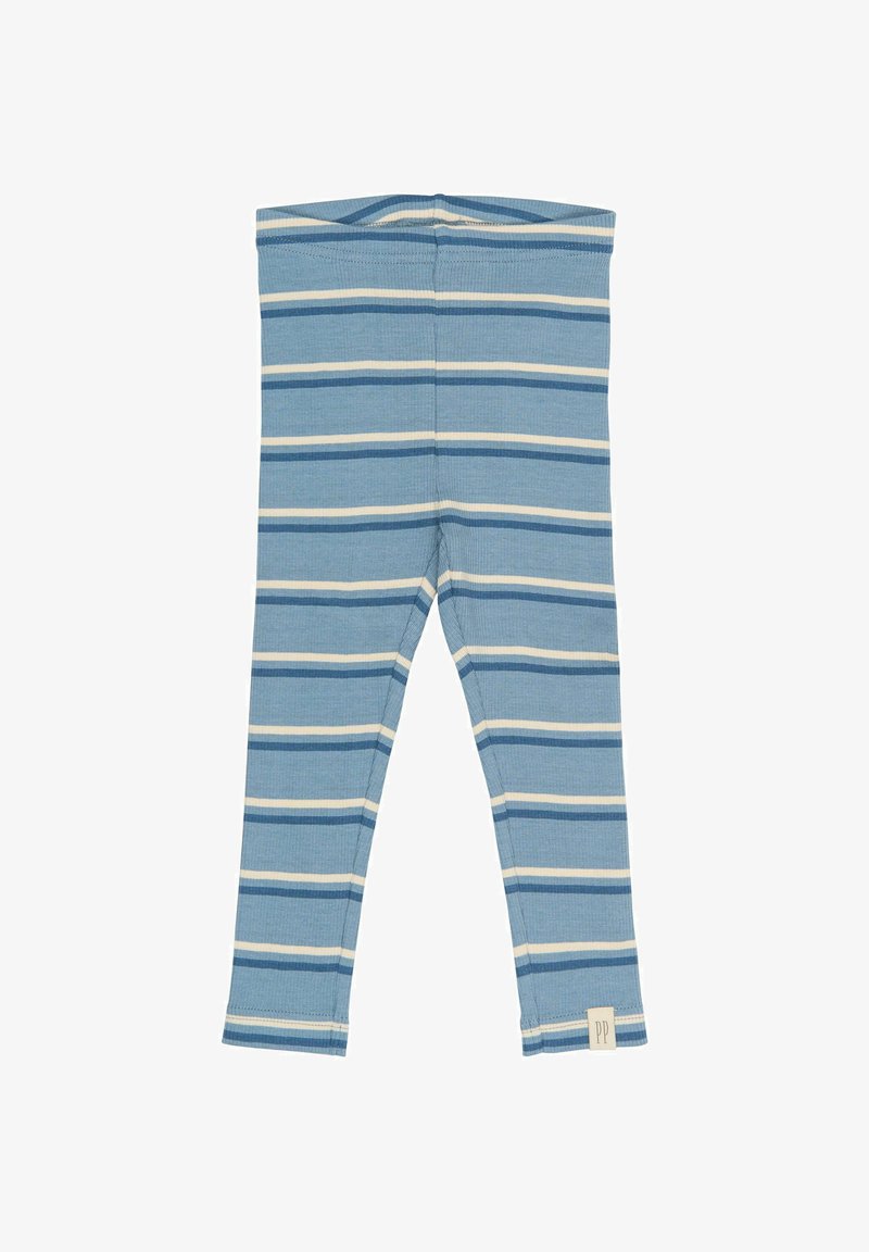 Šviesiai mėlynos juostos leggingai su tamsesnėmis mėlynomis ir baltomis horizontaliomis juostelėmis. Pagaminti iš raguoto audinio, su plokščia juosmens dalimi.