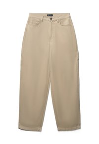 Beige Cargo-Hosen mit geradem Schnitt, ausgestattet mit Fronttaschen und einer seitlichen Cargo-Tasche. Hergestellt aus glattem Stoff, bieten sie eine lockere Passform.
