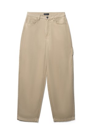 Beige cargo pants with a straight cut, featuring front pockets and a side cargo pocket. Made of smooth fabric, offering a loose fit.