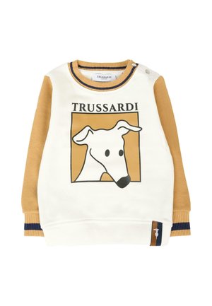 Biały i musztardowy sweter z długimi rękawami, z grafiką psa, okrągłym dekoltem i małą naszywką z logo na dolnym brzegu.