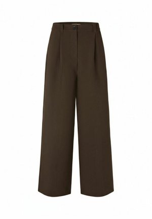 Pantaloni largi cu talie înaltă, de culoare maro închis, cu bucle pentru curea, nasture frontal și pliuri, potriviți pentru ținută formală sau casual.