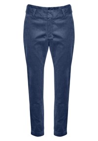 Navyblauwe corduroy broek met een rechte pasvorm, voorzien van een platte voorkant, riemlussen en een gladde textuur.