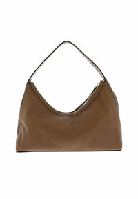 Sac hobo en cuir marron avec une forme arrondie et un bord supérieur perforé. Dispose d'une seule sangle et d'une fermeture éclair pour un rangement sécurisé.