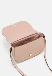 Borsa a tracolla rosa chiaro in materiale liscio, con pattina arrotondata, ferramenta dorata e interno spazioso con fodera a contrasto.