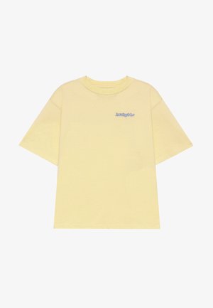 Short-sleeve yellow t-shirt made of cotton, featuring a crew neck and small blue text logo on the left chest area. Simple, relaxed fit.