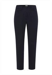 Marineblaue, slim-fit Hosen mit glatter Textur, seitlichen Taschen, Knopfverschluss und Gürtelschlaufen; entworfen für Komfort und Vielseitigkeit.