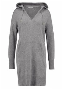 Grijze hoodie jurk gemaakt van zachte stof; heeft een V-hals, een trekkoord in de capuchon, kangoeroezakken en ribgebreide manchetten en zoom.