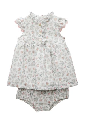 Robe blanche pour bébé et bloomers assortis avec un motif floral pastel et des manches et un col à volants.