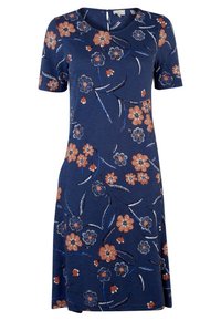 Abito blu navy con maniche corte, caratterizzato da motivi floreali in arancione e blu. Tessuto morbido con scollatura rotonda e leggera silhouette a campana.