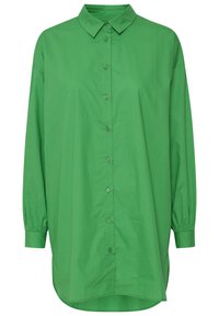 Green button-up shirt with a collar, long sleeves, and a loose fit. Smooth fabric with a solid color and a curved hemline.