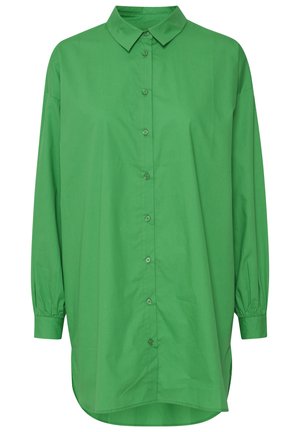 Grøn button-up skjorte med krave, lange ærmer og en løs pasform. Glat stof med en ensfarvet overflade og en buet kant.