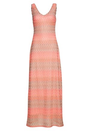 Mouwloze lange jurk met V-hals, met een meerkleurig zigzagpatroon in tinten roze, koraal en beige.