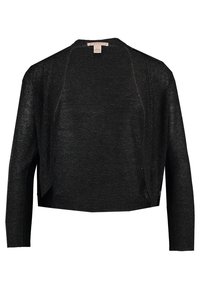 Chaqueta de punto negra con mangas largas, frente abierto y una textura ligera. Presenta un corte relajado y elementos de diseño mínimos.