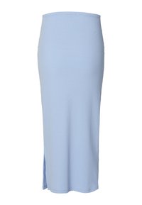 Himmelblauer gerippter Midirock mit taillierter Silhouette, seitlichem Schlitz und elastischem Bund für einen bequemen Sitz.