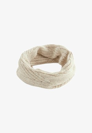 Beige neulottu infinity-huivi, jossa on teksturoitu kaapelikuosi. Pehmeä, kevyt materiaali, ympyrämuoto ilman suljettavia osia, sopii kerroksittain käyttämiseen.