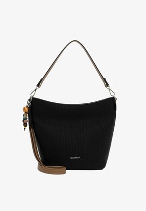 Mustast tekstuuriga ämbrikotike eemaldatava pruuni nahast õlarihma ja dekoratiivse puidust helmestega valgel taustal.