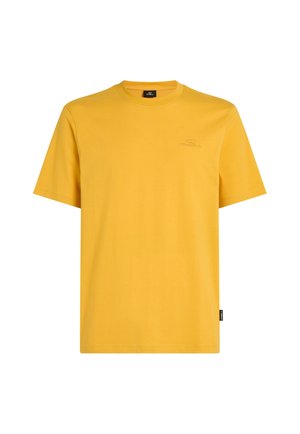 Gele katoenen t-shirt met een ronde hals, korte mouwen en een subtiele geborduurde logo op de borst. Soepele textuur en een relaxte pasvorm.