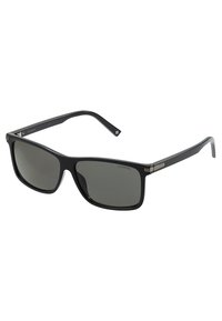 Ochelari de soare din plastic negru cu lentile rectangulare, lentile polarizate și accente metalice pe rame pentru o durabilitate sporită.