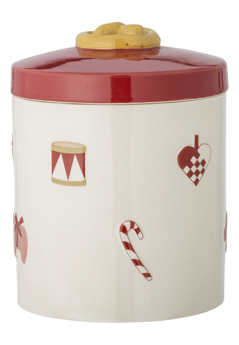 Keramik-Vorratsbehälter mit rotem Deckel und gelbem dekorativem Griff. Mit Drucken von Zuckerstangen, Trommeln und Herzen auf einem cremefarbenen Körper.