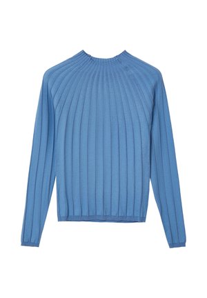 Pull en tricot bleu avec une texture côtelée verticale, des manches longues et un col rond. Tissu doux avec une coupe décontractée.