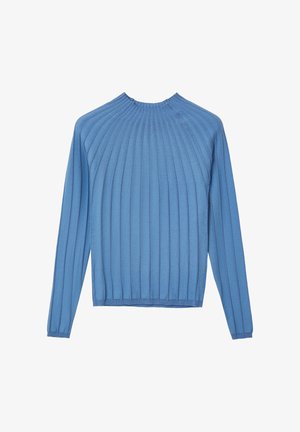 Blauer gestrickter Pullover mit vertikaler Rippenstruktur, langen Ärmeln und rundem Halsausschnitt. Weicher Stoff mit lockerer Passform.